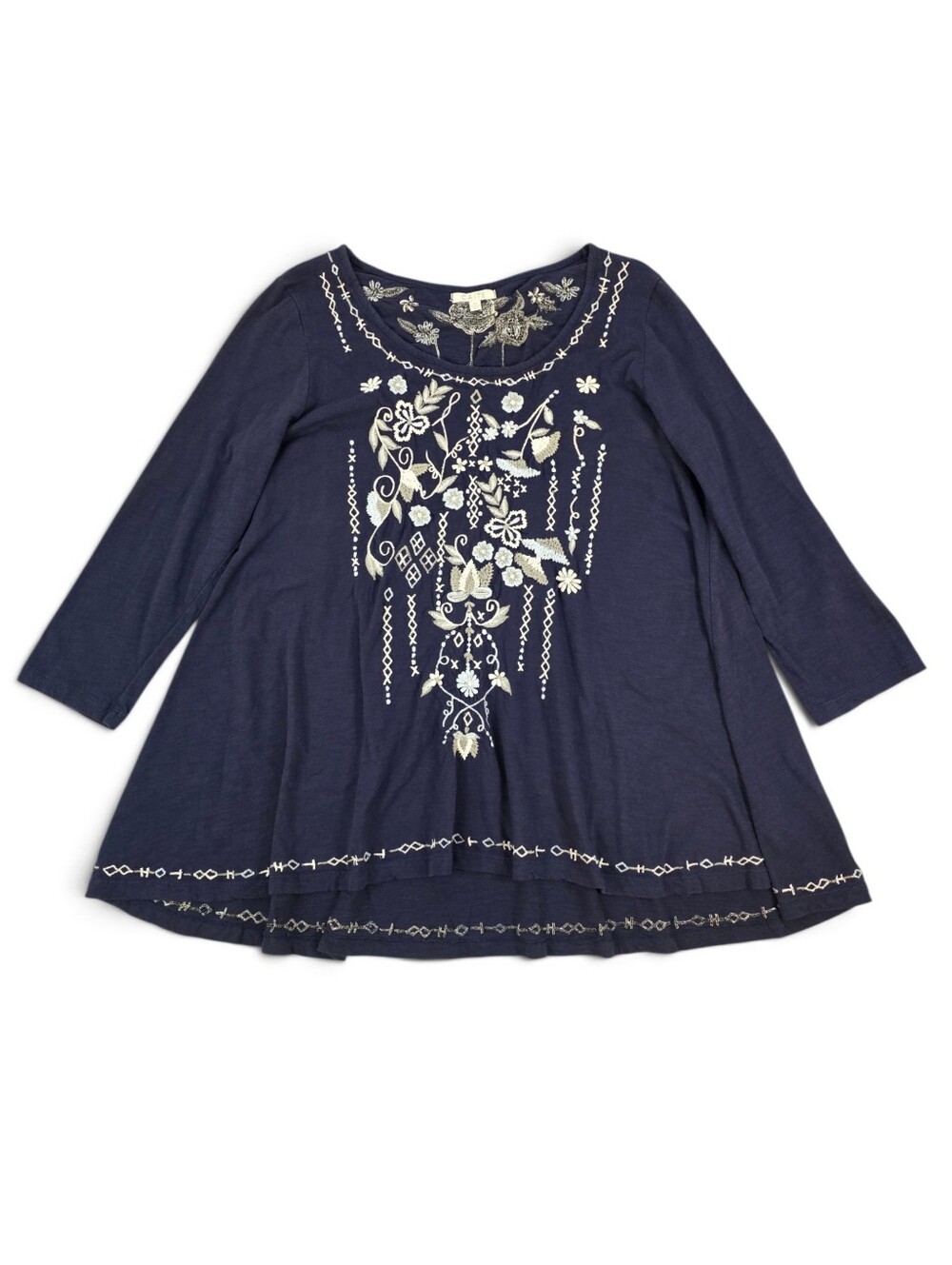 Caite Navy Embroidered Floral Boho Swing Tunic Top Women XL 3/4 Sleeve Cotton